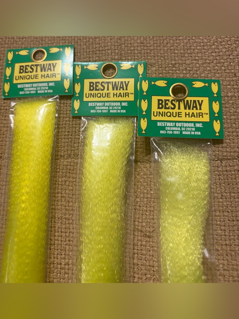 (3) BESTWAY “Unique Hair” Crimped Bright Yellow (Chartreuse) Fly Tying Material